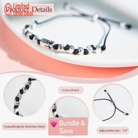 Adjustable Cross Bracelet Set, Copper & Silver Beads, Mother Daughter Gift - Picture 6 of 8